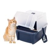 IRIS USA Cat Litter Box, Litter Box Enclosure with Scoop, Split Hood and Front Door Flap, Covered Kitty Litter Box for Privacy, Portable, Easy to Clean, Navy