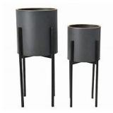 12" round metal planter with stand charcoal