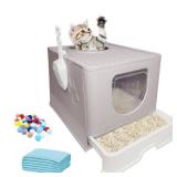 Hamiledyi Foldable Cat Litter Box with Lid, Large Litter Box with Drawer Enclosed Kitty Litter Pan, Top Entry Type Cat Potty with Plastic Scoop Anti-Splashing & No Smell Easy to Scoop (Gray)