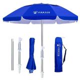 AMMSUN 6.5ft twice folded Portable beach umbrella with sand anchor windproof, Push Button Tilt and Air vent UV 50+ Protection Fits in a large Suitcase for Patio Garden Beach Pool Backyard Blue