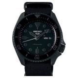 Seiko SRPD79 Watch for Men - 5 Sports, Automatic with Manual Winding, Black Dial with Black Bezel, Black Ion Stainless Steel Case, Black Nylon Strap, and Day/Date - Retail: $259.99