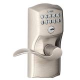 SCHLAGE Satin Nickel FE595VCAM619ACC Camelot Keypad Entry with Flex-Lock and Accent Levers - Retail: $142.91