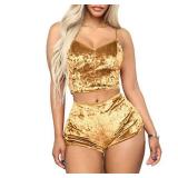 RUEWEY Women Sexy Strappy Babydoll Lingerie Satin Pajama Set Camisole with Shorts 2 Piece Sleepwear (M, Gold)