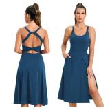 ABOCIW Athletic Dress for Women Scoop Neck Sleeveless Backless Cut Out Twisted Split Hem Tennis Dress with Built in Bra and Pocket Golf Exercise Midi Casual Dresses for Women 2023 Navy Blue Small