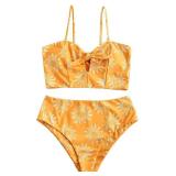 ZAFUL Women Ribbed Keyhole Tied High Waisted Bikini Spaghetti Straps Two Pieces Swimsuit Bathing Suit Bee Yellow M