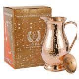 Pure Copper Pitcher with a Lid, Large Size Solid Copper Handcrafted Copper Water Hammered Jug, Capacity 70 Oz/2000ml, Copper Carafe For Home, Hotels & Gifting