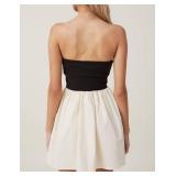 OLAPTA Women Strapless Tube Top Mini Dress Off Shoulder Sleeveless Casual Summer Patchwork Drop-Waist A-line Short Dresses(Medium,Black and Apricot)