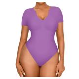 FeelinGirl Going Out Bodysuits Tops for Women Tummy Control V Neck Short Sleeve Bodysuit Thong Casual Leotard Tops****L***