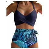 Dokotoo Bathing Suit for Women Tummy Control Two Piece Sexy Vacation 2024 Summer Adjustable Straps Twist Front Tie Up High Waisted Bikini Suit Swimsuit Beach Swimwear Set Blue Large