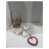 Vintage wall hanging porcelain hearts set of 3, wire basket and Aunt heart decor