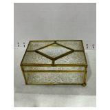 MCM glass jewelry vanity box with brass frame one leg is broken