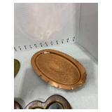 Brass and copper trinket trays, owl paper weight and heart shaped wall hanging wood mirrors