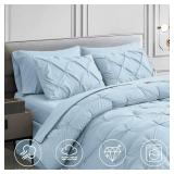 Maple&Stone King Size Comforter Set, 7 Pieces King Bedding Set, Pintuck Bed in a Bag Bed Set with Comforter, Sheets, Pillowcases & Shams - Light Blue