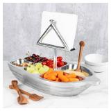 Rowboat Serving Bowl with Napkin Holder & Mini Wooden Oar Serving Spoons, Stainless Steel, Salads, Fruit & Chip N Dip With Six Serving Sections, Gift For Men, Women, Boat Lover, Captain Home Gifts