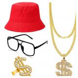 Gejoy Hip Hop Costume Kit 80s/90s Rapper Accessories Bucket Hat Sunglasses Gold Chain Ring Outfit for Men Women(Red)