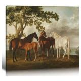 9" x 11" Framed Horse Pictures Wall Decor,Vintage Oil Paintings on Canvas Art Prints - Mares and Foals in a River Landscape - Retro Country Wildlife Horse Pictures for Office Living Room Decoration