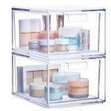 STORi Audrey Stackable Clear Bin Plastic Organizer Drawers | 2 Piece Set | Organize Cosmetics and Beauty Supplies on a Vanity | Made in USA