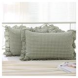 K MASANIJI 2 Pack Sage Green White Plaid Ruffle Pillow Shams Standard Size 20x26 inches, 100% Cotton Gingham Checkered Farmhouse Pillowcases for Bed/Sofa (20x26 inches, Sage Green/White Plaid)