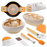 Banneton Bread Proofing Basket Set, 10 Inch Oval & 9 Inch Round Sourdough bread baking supplies with Linen Liner, Silicone Bread Sling, Danish Dough Whisk, Bread Lame, Bowl Scraper,Dough Scraper Kit