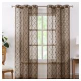 Bujasso Brown Sheer Curtains 84 inch Geometric Embroidered Light Filtering Window Panels for Living Room Bedroom Modern Moroccan Trellis Window Treatment Set Sheer Drapes Grommet Top W38 xL84 x2