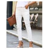 EVALESS Womens White Jeans Stretch Boyfriend Ripped Distressed Frayed Raw Straight Ankle Hem Denim Pants Tummy Control Size 4