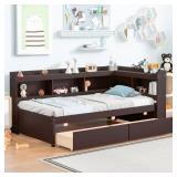 Twin Bed with L-Shaped Bookcases,Drawers,Espresso