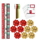 Hallmark Rustic Red and Green Christmas Wrapping Paper Set (90 sq. ft. ttl, 10 Bows, 4 Ribbon Colors, 40 Gift Tag Stickers) Snowflakes, Trees, Plaid