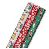 Hallmark Nutcracker Christmas Wrapping Paper with Cutlines on Reverse (3 Rolls: 120 Sq. Ft. Total) Winter City Scene Rustic Snowflakes on Red Nutcrackers with Foliage