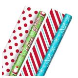 Hallmark Reversible Christmas Wrapping Paper for Kids - Bulk (2 Jumbo Rolls: 160 sq. ft. ttl) Santa Snowflakes Stripes Red Dots