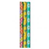 Hallmark Holiday Wrapping Paper with Cut Lines on Reverse (3 Rolls: 120 sq. ft. ttl) Teal Yellow Pink Orange Patchwork and Donkeys for Christmas Kwanzaa Three Kings Day