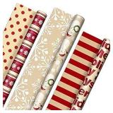 Hallmark Reversible Christmas Wrapping Paper (3 Rolls: 120 sq. ft. ttl) Merry Holidays Snowflakes Snowmen Red Stripes