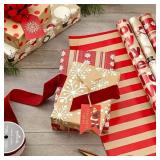 Hallmark Reversible Christmas Wrapping Paper (3 Rolls: 120 sq. ft. ttl) Merry Holidays Snowflakes Snowmen Red Stripes