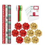 Hallmark Rustic Red and Green Christmas Wrapping Paper Set (90 sq. ft. ttl, 10 Bows, 4 Ribbon Colors, 40 Gift Tag Stickers) Snowflakes, Trees, Plaid