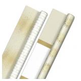 Hallmark Reversible White and Gold Wrapping Paper - Bulk (2 Jumbo Rolls: 160 sq. ft. ttl) Share the Joy Cheer Merry Love Stripes Dots Snowflakes for Christmas Hanukkah Weddings Graduations