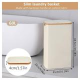 iEGrow Slim Laundry Hamper, Narrow Laundry Basket with Lid,Foldable Clothes Hamper with Bamboo Handles,Hamper Basket with Removable Inner Bag for Laundry Room Bedroom College Dorm,60L Beige