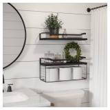 WOPITUES Floating Shelves with Wire Storage Basket, Bathroom Shelves Over Toilet with Protective Metal Guardrail, Wood Wall Shelves for Bathroom, Bedroom, Living Room, Toilet Paper- Black Walnut