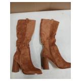 Erocalli Brown Knee-High Boots Suede Boots Fall Boot For Women Chunky Block High Heel Slouchy Boot Round Toe Side Zipper 8.5