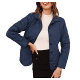 GRACE KARIN Lightweight Quilted Jackets for Women Casual Winter Lapel Coats Long Sleeve Button Down Outwear with Pockets Navy Blue XL