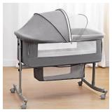 Bedside Crib for Baby, 3 in 1 Bassinet with Large Curvature Cradle, Bedside Sleeper Adjustable and Movable Beside Bassinet with Mosquito Nets, Safety Certificattion Guarantee (Grey) - Retail: $104.33