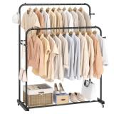 Laiensia Double Rods Garment Rack with Wheels, Clothing Rack for Hanging Clothes,4 Hooks, Multi-functional Bedroom Clothes Rack, Black Retail $49.99