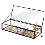 MyGift Glass Jewelry Box, Vintage Style Black Metal & Clear Glass Mirrored Shadow Box Jewelry Display Case with Hinged Top Lid Retail $43.74