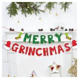 Grinch Christmas Decorations Stink Stank Stink Party Banners, Glittery Christmas Decor Banner for Indoor, Red Green Christmas Tree Garland Banner Home Fireplace Decor Xmas Decorations Retail $15.99