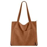 Prite Corduroy Tote Bag for Women Large Shoulder Bag with Zipper and Pockets for College Work Travel Shopping(Brown) Retail $15.53