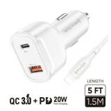 Qc 3.0 Pd 18w Combo Car Adapter Dual Port Cable Tpe 1.5m 5ft Type C To Lightning Pd White