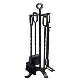 AMAGABELI GARDEN & HOME 5 Pieces Fireplace Tools Set Indoor Wrought Iron Fire Place Pit Large Poker Wood Stove Log Firewood Tongs Holder with Handles Modern Black Outdoor Accessories Kit