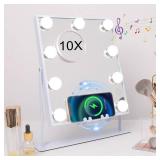 Hansong Lighted Vanity Mirror with Bluetooth Speaker and Wireless Charging Makeup Mirror with Lights 9 Dimmable Bulbs Lighted Makeup Mirror 3 Color Lighting Tabletop (White)