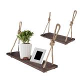 Yankario Rope Hanging Floating Shelves, Rustic Wood Wall Decor Swing Shelf with 4 Hooks, Pack of 2