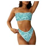 ZAFUL Women Strapless Textured Bandeau Bikini 2 Piece Swimwear Cheeky Solid Lace up Bathing Suits(8 Green Print,M)