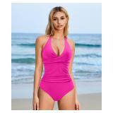 SUUKSESS Women Sexy Tummy Control One Piece Swimsuits Halter Push Up Monokini Bathing Suits (Hot Pink, L)