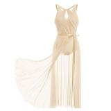 Lyrical Dance Costume for Women Adult Modern Contemporary Dancewear Dress Shiny Sequin Sleeveless Leotard Halter Backless Bodysuit Sheer Flowy Mesh Tulle Long Wrap Skirt 2pcs Outfit Champagne L